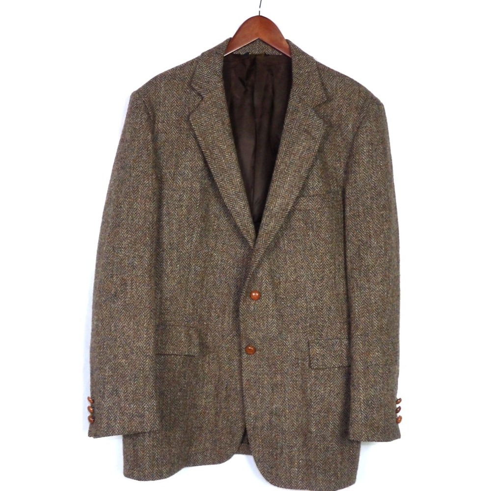 HARRIS TWEED Vintage 100% Wool Brown Herringbone 2 Button Blazer Men's 44 Long